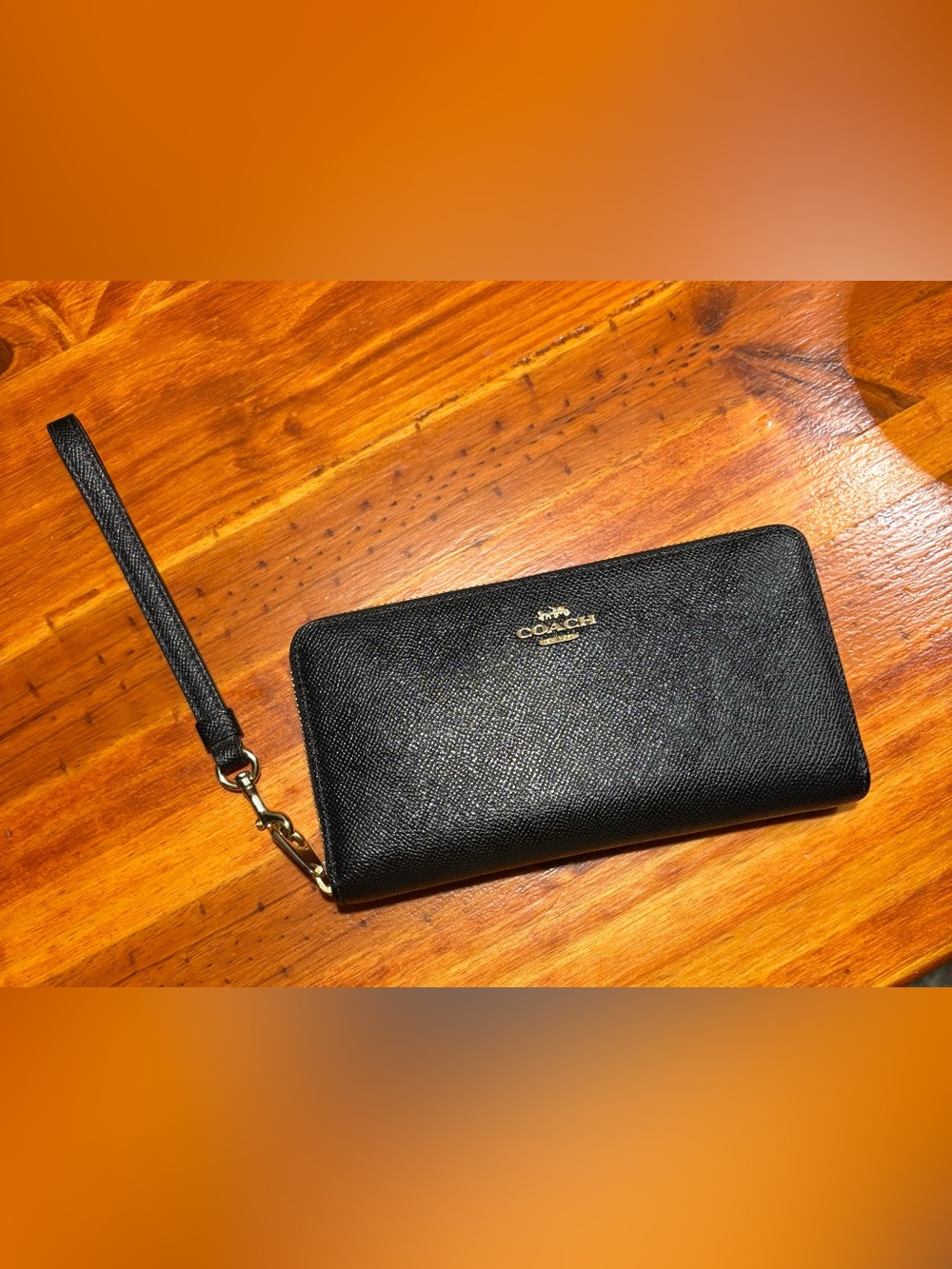 Coach Black Leather Wristlet Wallet with Gold Logo
